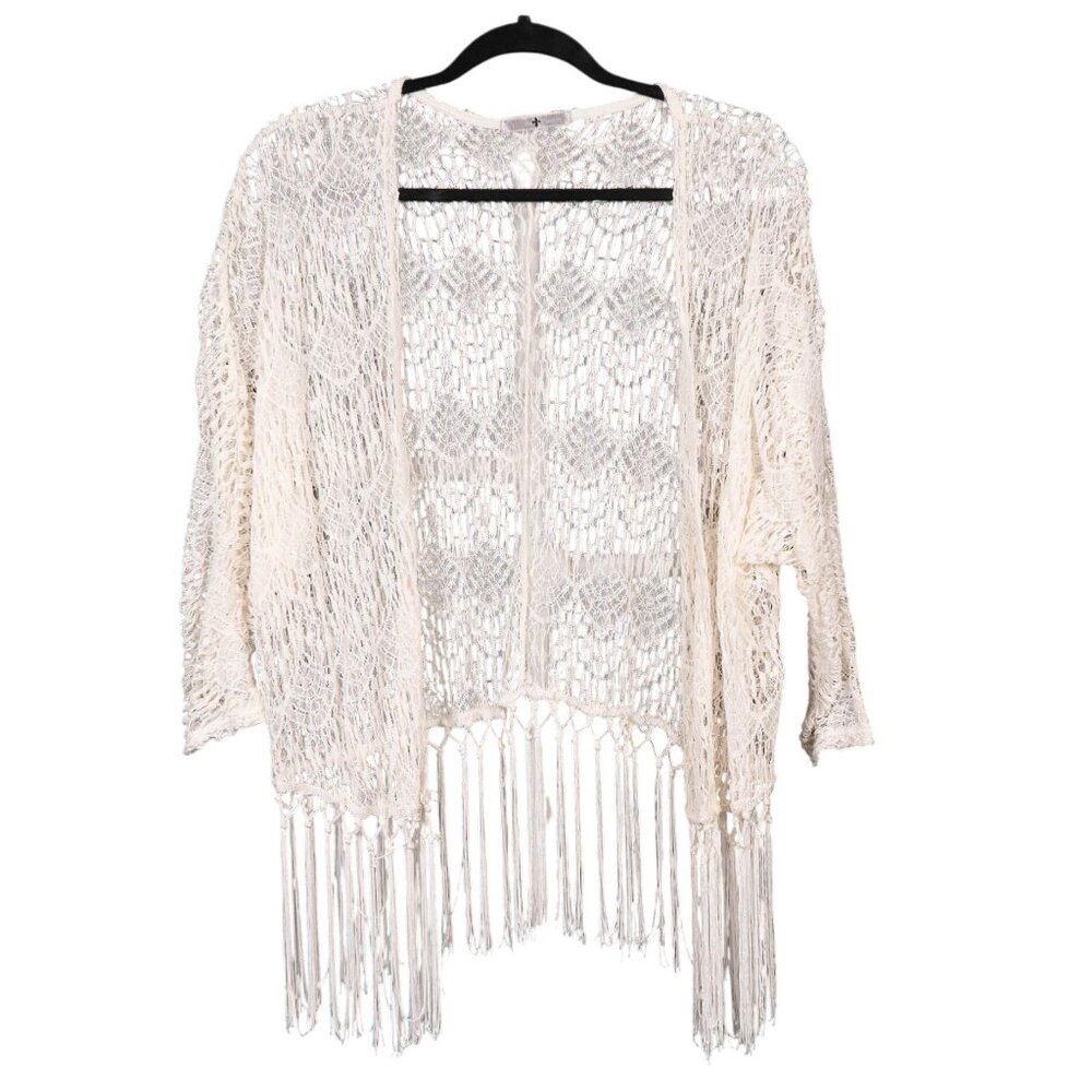 Boho Crochet Lace Fringe Cardigan XL 3/4 Sleeves 90s Ivory Jacket Hippie Festiva